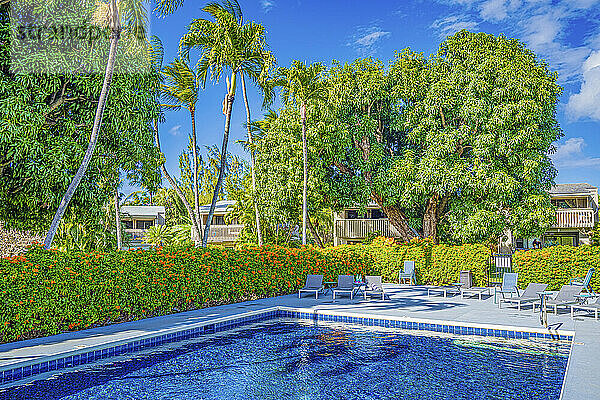 Üppige Vegetation rund um den Pool in einem Resort auf der Insel Maui  Hawaii  USA; Maui  Hawaii  Vereinigte Staaten von Amerika