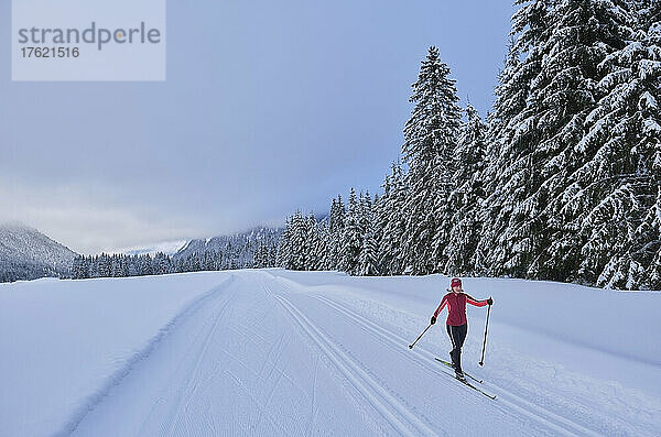 Aktive Seniorin fährt im Winterwald Ski