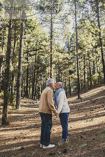 Älteres Paar küsst sich im Wald