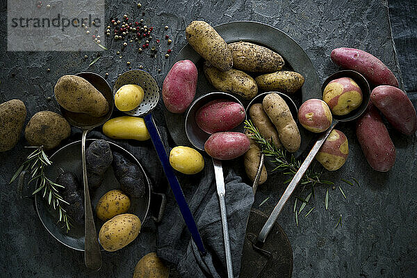 Studio shot of various ladles and different varieties of raw potatoes