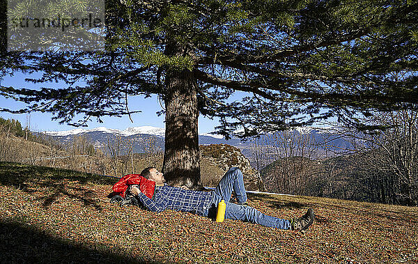 Mann ruht sich an einem sonnigen Tag unter einem Baum aus