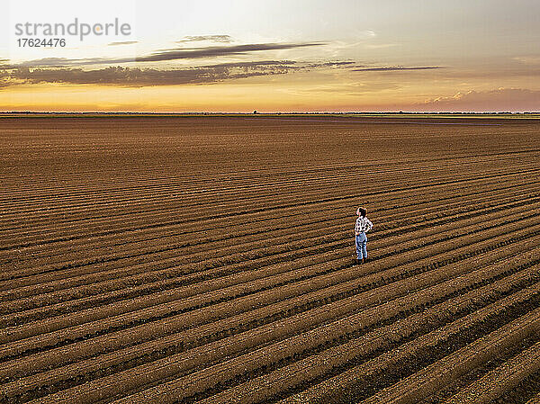 Bauer steht bei Sonnenuntergang auf einem Ackerbauernhof