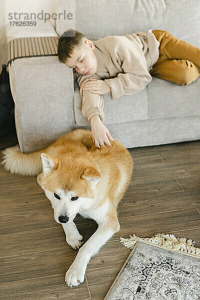 Boy lying on sofa by dog at home