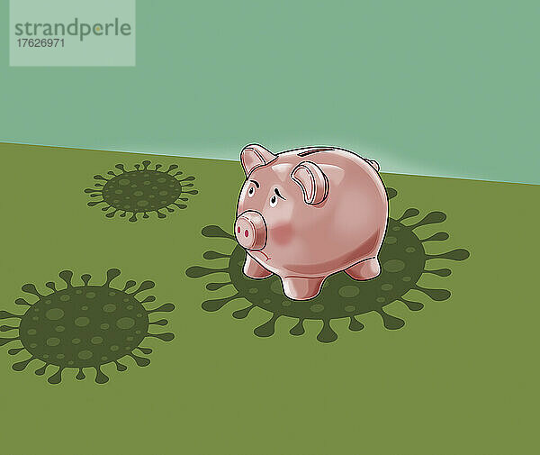 Ängstliches Sparschwein steht auf einem Coronavirus-Organismus