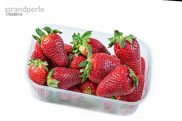 Erdbeere im transparenten Kunststoffbehälter  isoliert auf weißem Hintergrund.
