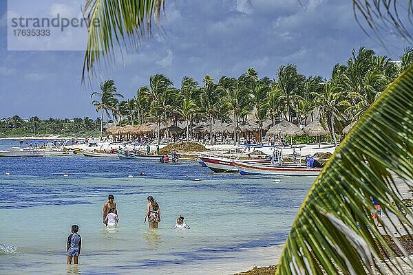 Sandstrand  Boote  Palmen  Akumal  Quintana Roo  Mexiko  Mittelamerika