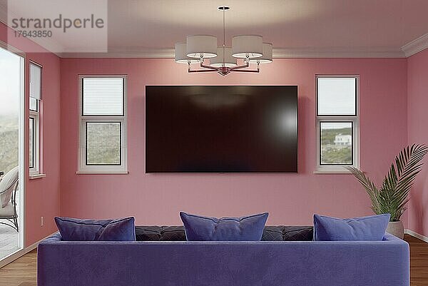 Couch  Pflanze und leerer  an der Wand montierter Fernseher in einem Zimmer in Kaugummirosa