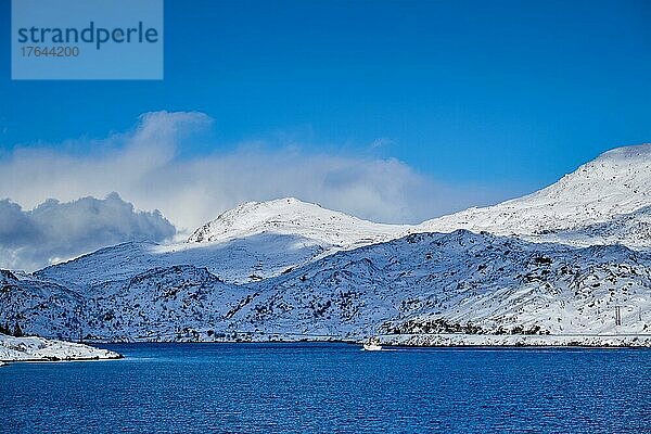 Fishing ship boat in Norwegian fjord in winter. Lofoten islands  Norway