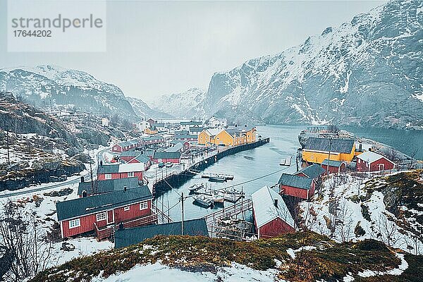 Nusfjord authentic fishing village in winter. Lofoten islands  Norway