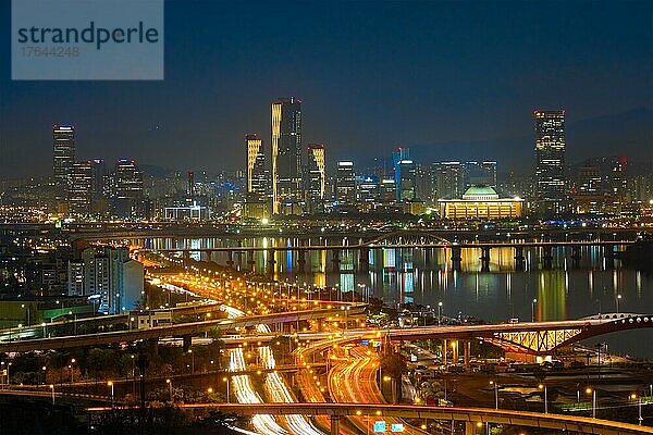 Aerial view of Seoul downtown cityscape and Seongsan bridge over Han River in twilight. Seoul  South Korea