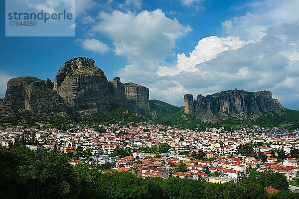 View of scenery landscape and Kalambaka village in famous greek tourist destination Meteora in Greece