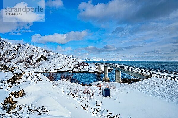 View of Djupfjord Bridge Djupfjordbrua over the fjord in winter. Moskenes  Nordland  Lofoten islands  Norway