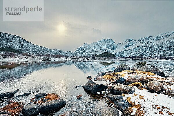Norwegian fjord in winter. Lofoten islands  Norway