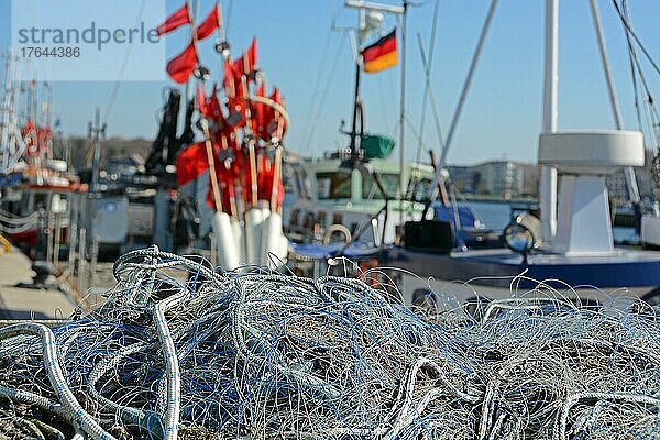 Fischernetze und Fischerfähnchen im Fischereihafen Travemünde  Schleswig-Holstein  Deutschland  Europa