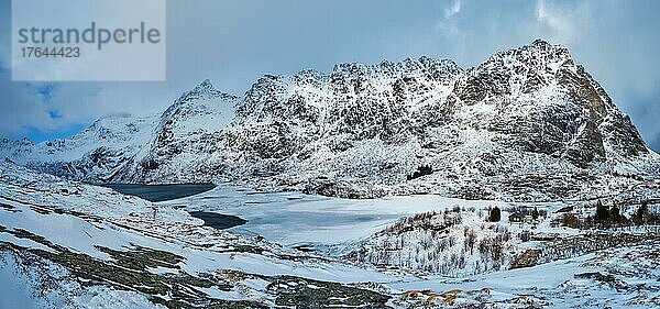 Norwegian fjord in winter and A village. Lofoten islands  Norway