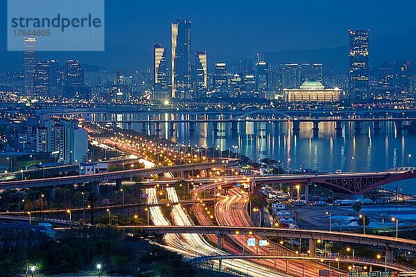 Aerial view of Seoul downtown cityscape and Seongsan bridge over Han River in twilight. Seoul  South Korea