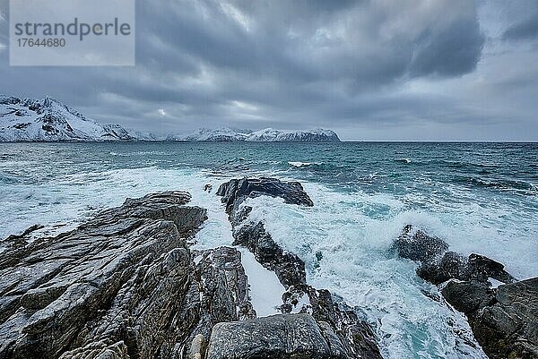 Waves of Norwegian sea crushing at rocky coast in fjord. Vikten  Lofoten islands  Norway