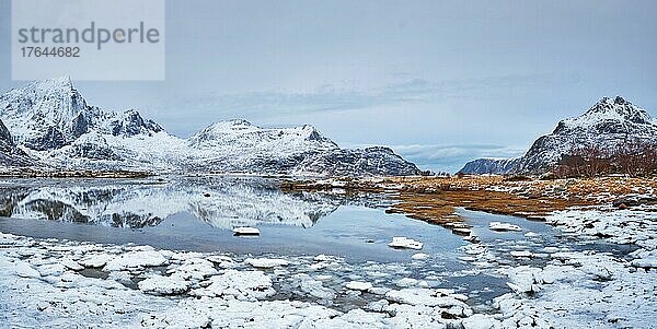 Panorama of Norwegian fjord in winter. Lofoten islands  Norway