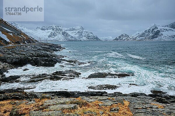 Waves of Norwegian sea crushing at rocky coast in fjord. Vikten  Lofoten islands  Norway