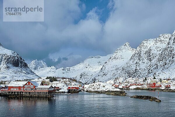 Traditional fishing village A on Lofoten Islands  Norway with red rorbu houses. With snow in winter