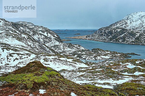 View of norwegian fjord in winter  Lofoten islands  Norway