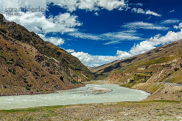 Chandra river in Lahaul valley in Himalayas. Himachal Pradesh  India