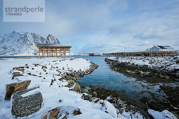 Drying flakes for stockfish cod fish in fjord in winter with snow. Sakrisoy fishing village  Lofoten islands  Norway