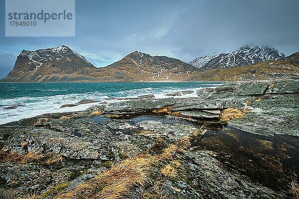 Rocky coast of fjord of Norwegian sea in winter. Lofoten islands  Norway