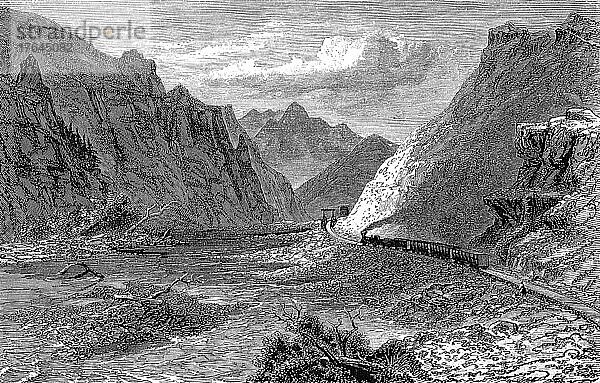 Canyon am Weberfluß in Utah  mit einer Bahnlinie  Amerika  um 1870  digital restaurierte Reproduktion einer Originalvorlage aus dem 19. Jahrhundert  genaues Originaldatum nicht bekannt