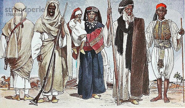 Kleidung  Mode in Afrika  Ägypten  von links  zweimal die Beduinen der libyschen Wüste  eine Beduinenfrau mit Kind  ein alter Dorfchef und ein Läufer  vor edlen Reitern oder Wagen  digital restaurierte Reproduktion einer Originalvorlage aus dem 19. Jahrhundert  Afrika