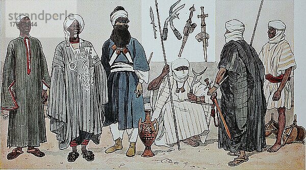 Kleidung  Mode in Afrika  Westafrika  von links  ein Mann aus Kordofan  ein Mann aus Bornu  ein Mann der Tuareg  ein Mann der Tibbu  Tebu oder auch Tubu in Grußhaltung und zwei weitere Männer der Tibbu  digital restaurierte Reproduktion einer Originalvorlage aus dem 19. Jahrhundert