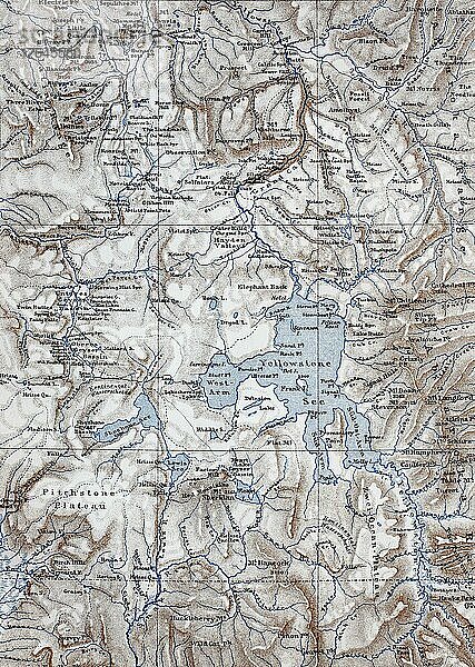 Landkarte  map from the year 1892: Yellowstone Nationalpark  America  USA  digital restaurierte Reproduktion einer Originalvorlage aus dem 19. Jahrhundert  Nordamerika