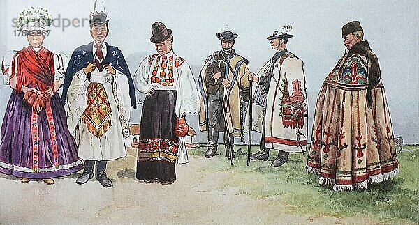Mode  Kleidung  Trachten in Ungarn  von links  ein Ehepaar aus Mezzökewecz  dann eine Frau aus Mezzökewecz  dann ein ungarischer Kuhhirte  ein ungarisches Pferdehemd und ein ungarischer Bauer im Lederfransenmantel  Suwa  digitale verbesserte Reproduktion nach einem Original aus dem Jahr 1900