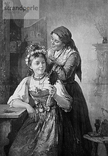 Eine Braut im Dirndl wird für die Hochzeitsfeier geschmückt  Österreich  um 1880  digital restaurierte Reproduktion einer Originalvorlage aus dem 19. Jahrhundert  genaues Originaldatum nicht bekannt  Europa