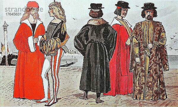 Kleidung  zur Zeit der Frührenaissance um 1460-1490  von lks  Venezianer im Jahr 1496  die farblich gekennzeichnete Strumpfhose  dies kennzeichnet ihn als Mitglied der Compagnia della Calza  der Strumpfgesellschaft  eem Vere junger Adliger Venedig  digital restaurierte Reproduktion eer Origalvorlage aus dem 19. Jahrhundert  Mode in Italien