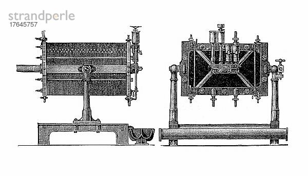 Zuckerraffinerie im 19. Jahrhundert  Osmoseapparat  Seiten- und Vorderansicht  digital restaurierte Reproduktion einer Originalvorlage aus dem 19. Jahrhundert