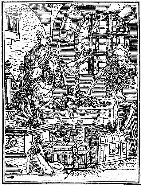 Der Tod und der Geizhals  aus dem Totentanz von Hans Holbein der Jüngere  digital restaurierte Reproduktion einer Originalvorlage aus dem 19. Jahrhundert