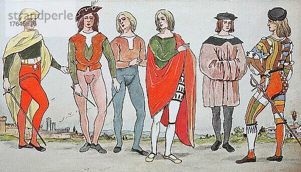 Kleidung  Mode in Italien zur Zeit der Hochrenaissance um 1500  von links  ein Venezianer um 1505  drei junge Florentiner  ein junger Student und ein Söldneroffizier  digital restaurierte Reproduktion einer Originalvorlage aus dem 19. Jahrhundert