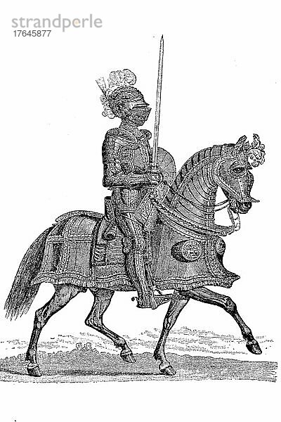 Ritter in vollständiger Prunkrüstung zu Pferd  digital restaurierte Reproduktion einer Originalvorlage aus dem 19. Jahrhundert