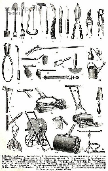 Verschiedene Werkzeuge für die Arbeit im Garten  digital restaurierte Reproduktion einer Originalvorlage aus dem 19. Jahrhundert
