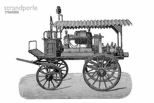 Geschichte der Brandbekämpfung  Feuerwehr  Feuerlöschpumpe 1890: elektrisches Feuerwehrauto  digital restaurierte Reproduktion einer Originalvorlage aus dem 19. Jahrhundert