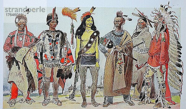 Kleidung  Mode in Nordamerika  Indianer  von links  ein Iowa-Häuptling mit Bibermütze und Feder  dann ein Häuptling der Saki  dann ein junger Sioux  dann ein Indianer in weißer Kleidung  dann ein Häuptling  und ein Häuptling der Pawnee  digital restaurierte Reproduktion einer Originalvorlage aus dem 19. Jahrhundert