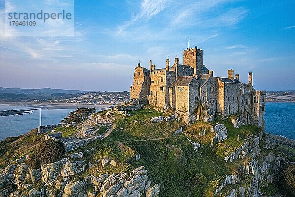 St Michaels Mount from a drone  Marazion  Penzance  Cornwall  England  United Kingdom