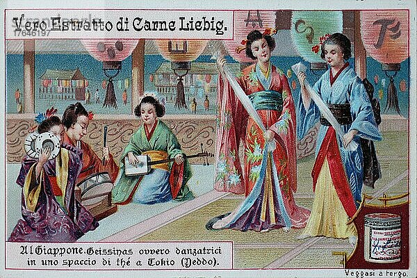 Bilderserie Japan  Geishas oder Tänzer in einem Teehaus in Tokio  Liebigbild  digital verbesserte Reproduktion eines Sammelbildes von ca 1900  gemeinfreiroduktion eines Sammelbildes von ca 1900
