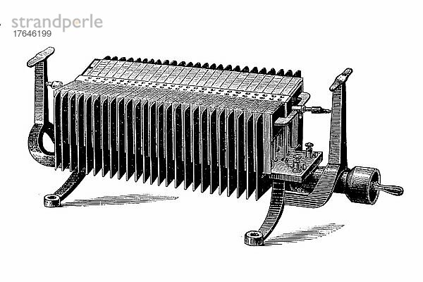 Thermosäule von Gülcher  elektrisches Bauelement  das thermische Energie in elektrische Energie wandelt  digital restaurierte Reproduktion einer Originalvorlage aus dem 19. Jahrhundert