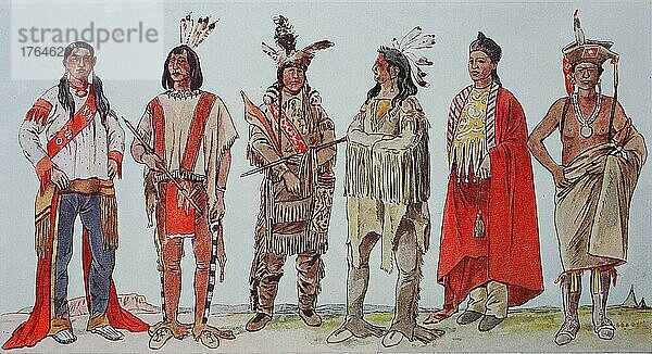 Kleidung  Mode in Nordamerika  Indianer  von links  ein Utah-Indianer  ein Shoshone-Stamm  junge Indianer in verzierten Lederanzügen  dann ein Cvih-Indianer-Krieger  dann ein Indianer aus Kansas und einer aus Nebraska  digital restaurierte Reproduktion einer Originalvorlage aus dem 19. Jahrhundert