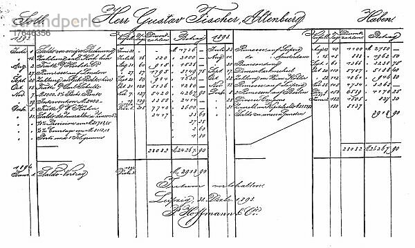 Buchhaltung im Jahr 1895  Ein Transaktionskonto  Girokonto  Kontokorrentkonto oder Sichteinlagenkonto  digital restaurierte Reproduktion einer Originalvorlage aus dem 19. Jahrhundert