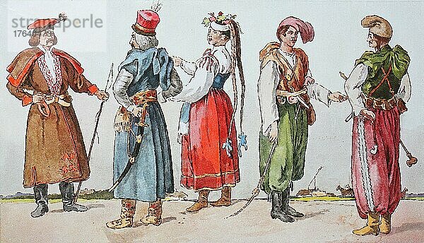 Mode  Kleidung in Polen und der Ukraine im 16. 17. Jahrhundert  von links  ein Bauer aus der Gegend von Krakau  ein polnischer Adliger  dann ein Bauernmädchen und zwei Bauern aus der Ukraine  digitale verbesserte Reproduktion nach einem Original aus dem Jahr 1900