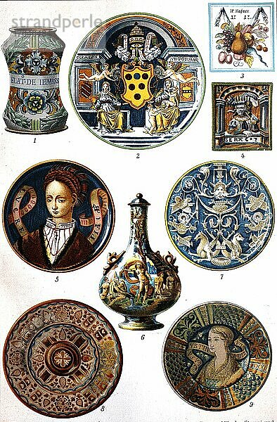Maiolica  auch Majolika genannt  ist italienische zinnglasierte Keramik aus der Zeit der Renaissance  digital restaurierte Reproduktion einer Originalvorlage aus dem 19. Jahrhundert
