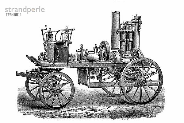 Geschichte der Brandbekämpfung  Feuerwehr  Feuerlöschpumpe 1890: Mit Benzin betriebene Maschine  digital restaurierte Reproduktion einer Originalvorlage aus dem 19. Jahrhundert